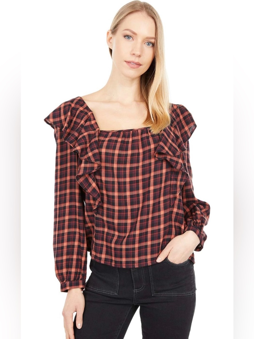 Madewell Women’s Plaid Ruffle Long-Sleeve Square Neck Top Red/Black Size Medium